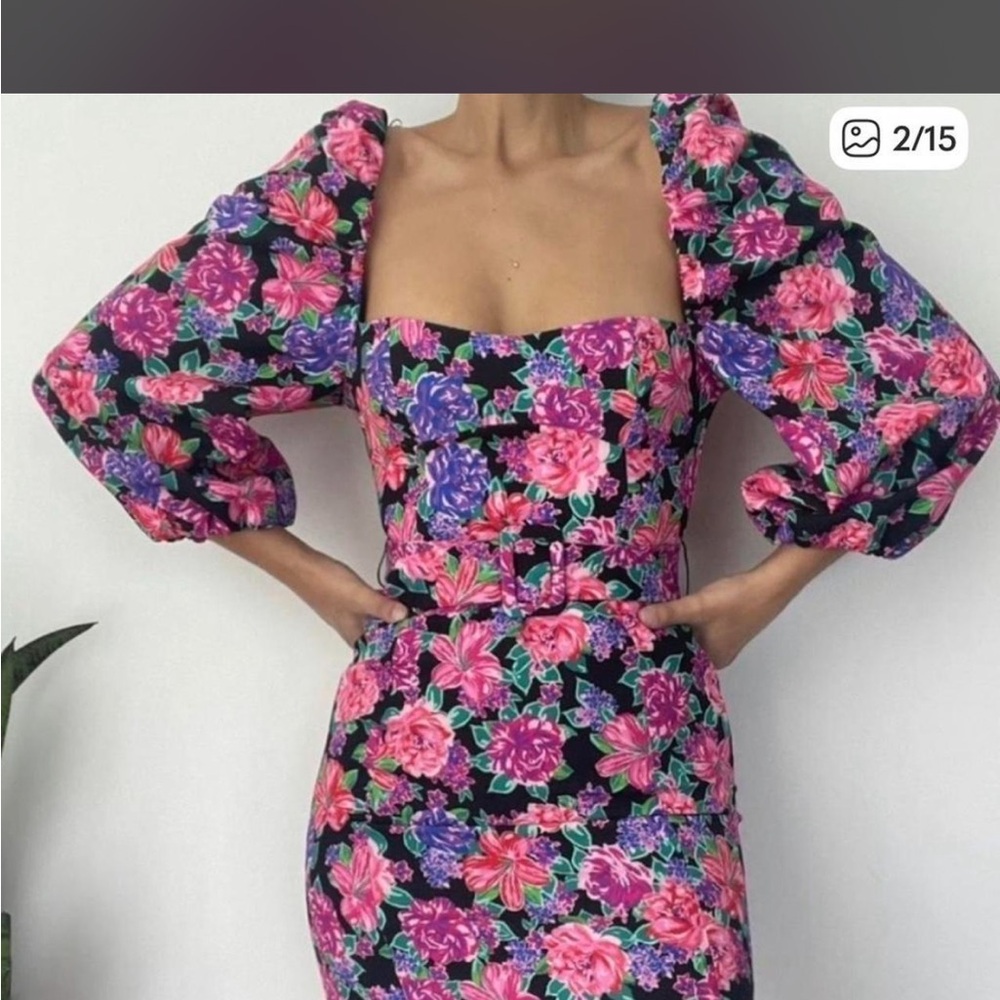 Zara Floral Puff-Sleeve Bodycon Dress - Pink & Purple with belt